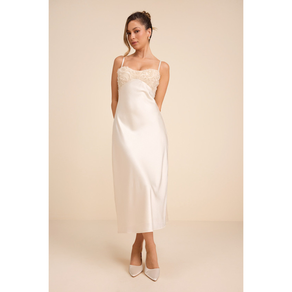 Lulus Lange Ivory Satin Applique Slip Midi Dress White - Size M